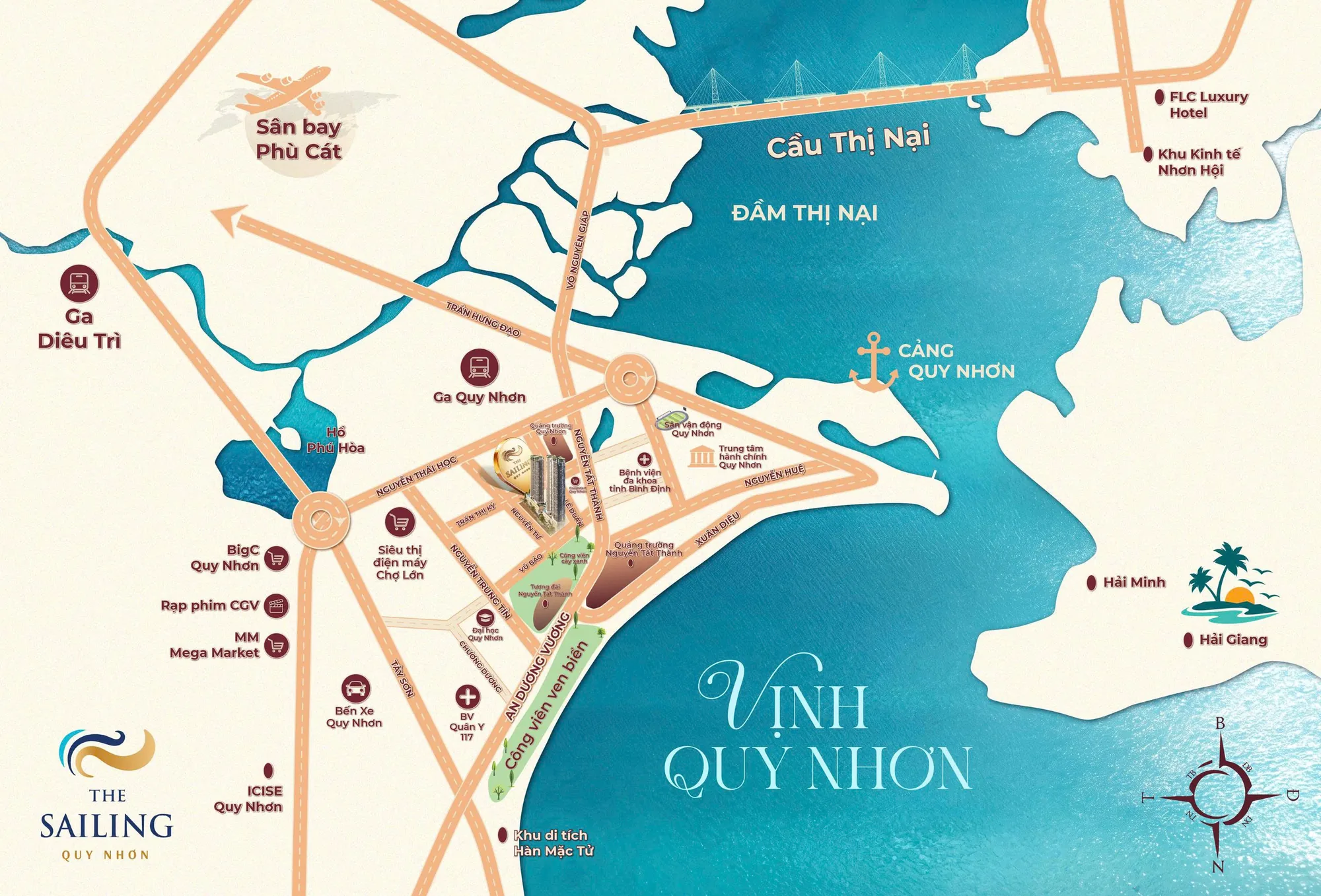 Bản đồ vị trí The Sailing Quy Nhơn trên trục Lê Duẩn, gần biển Quy Nhơn, kết nối sân bay Phù Cát, cầu Thị Nại, cảng Quy Nhơn