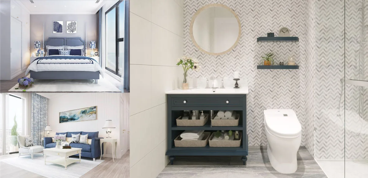 Nội thất căn hộ 3 phòng ngủ: phòng ngủ và phòng khách tông xanh